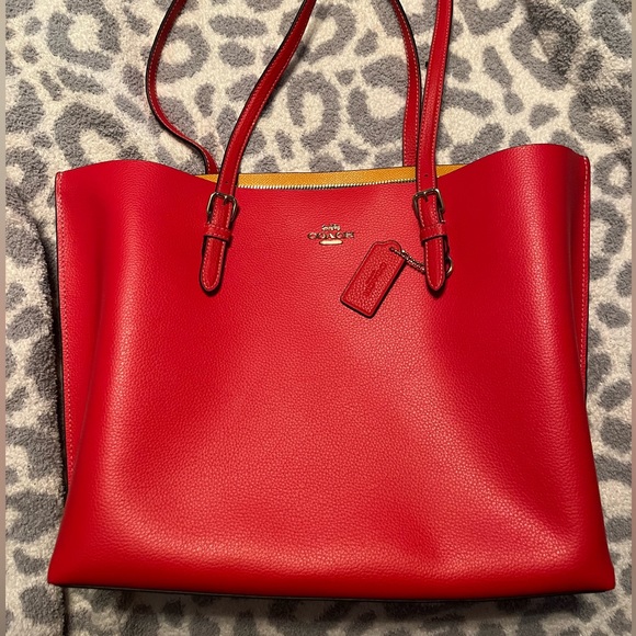 Red Coach Mollie Tote with blue and yellow interior - Picture 1 of 5